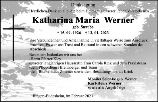 Traueranzeige von Katharina Maria Werner von Allgemeine Zeitung Bingen/Ingelheim