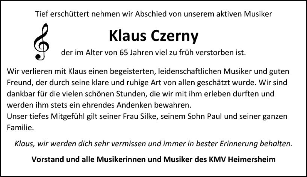  Traueranzeige für Klaus Czerny vom 01.02.2023 aus Allgemeine Zeitung Alzey