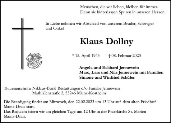 Traueranzeige von Klaus Dollny von Allgemeine Zeitung Bad Kreuznach