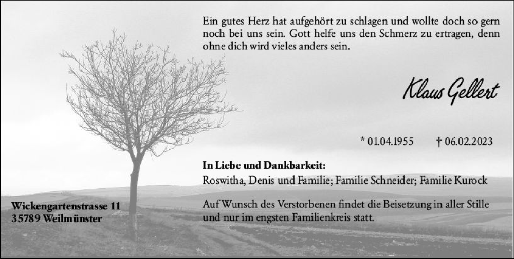  Traueranzeige für Klaus Gellert vom 23.02.2023 aus Weilburger Tageblatt
