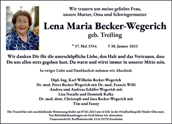 Traueranzeige von Lena Maria Becker-Wegerich von Allgemeine Zeitung Mainz