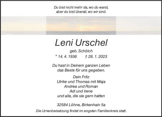 Traueranzeige von Leni Urschel von Allgemeine Zeitung Alzey