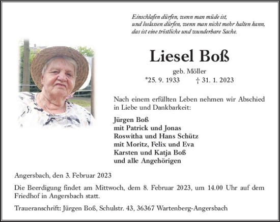 Traueranzeige von Liesel Boß von Lauterbacher Anzeiger