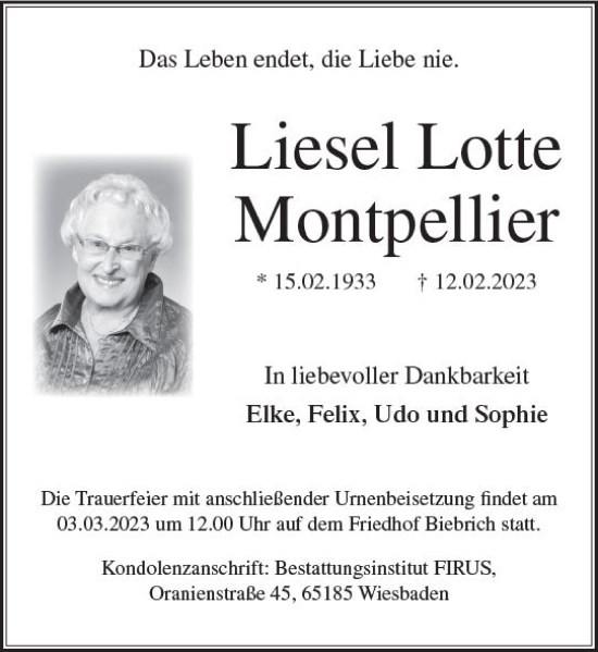 Traueranzeige von Lieseln Lotte Montpellier von Wiesbadener Kurier