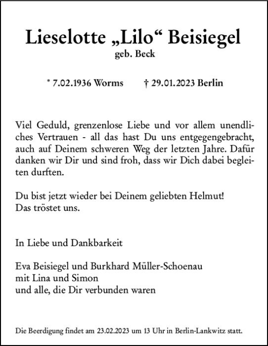 Traueranzeige von Lieselotte Beisiegel von Wormser Zeitung
