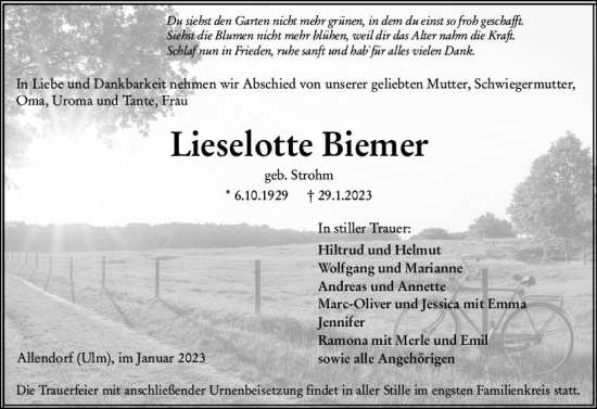 Traueranzeige von Lieselotte Biemer von Wetzlarer Neue Zeitung