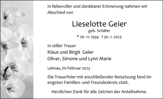 Traueranzeige von Lieselotte Geier von Wetzlarer Neue Zeitung