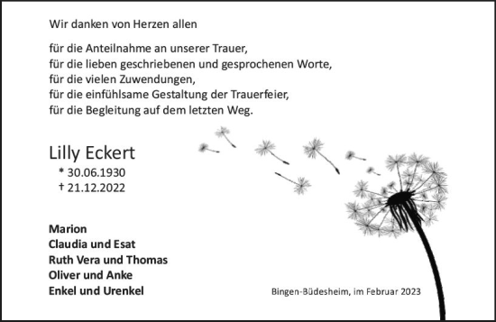 Traueranzeige von Lilly Eckert von Allgemeine Zeitung Bingen/Ingelheim