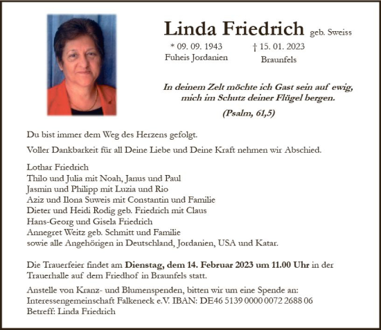 Traueranzeige von Linda Friedrich von Wetzlarer Neue Zeitung