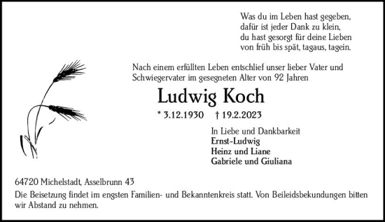 Traueranzeige von Ludwig Koch von Odenwälder Echo