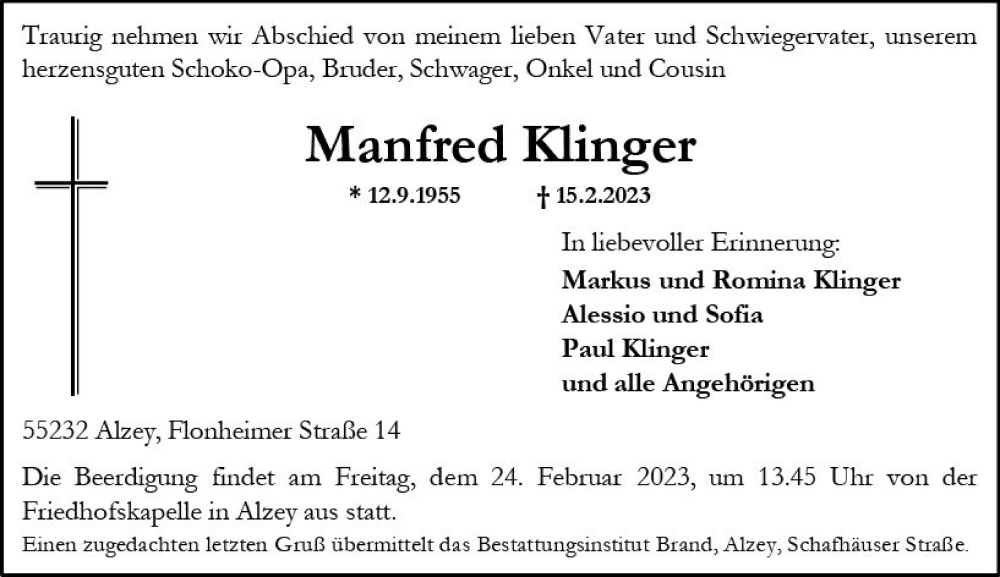  Traueranzeige für Manfred Klinger vom 18.02.2023 aus Allgemeine Zeitung Alzey