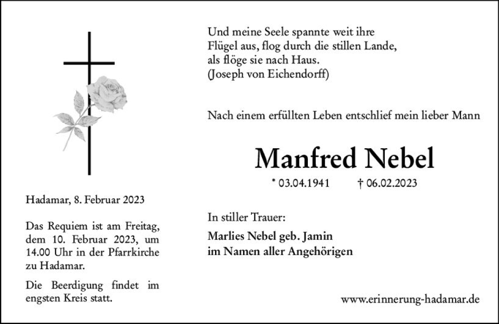  Traueranzeige für Manfred Nebel vom 08.02.2023 aus Nassauische Neue Presse