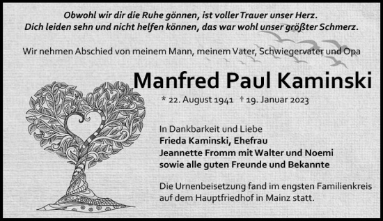 Traueranzeige von Manfred Paul Kaminski von Allgemeine Zeitung Mainz