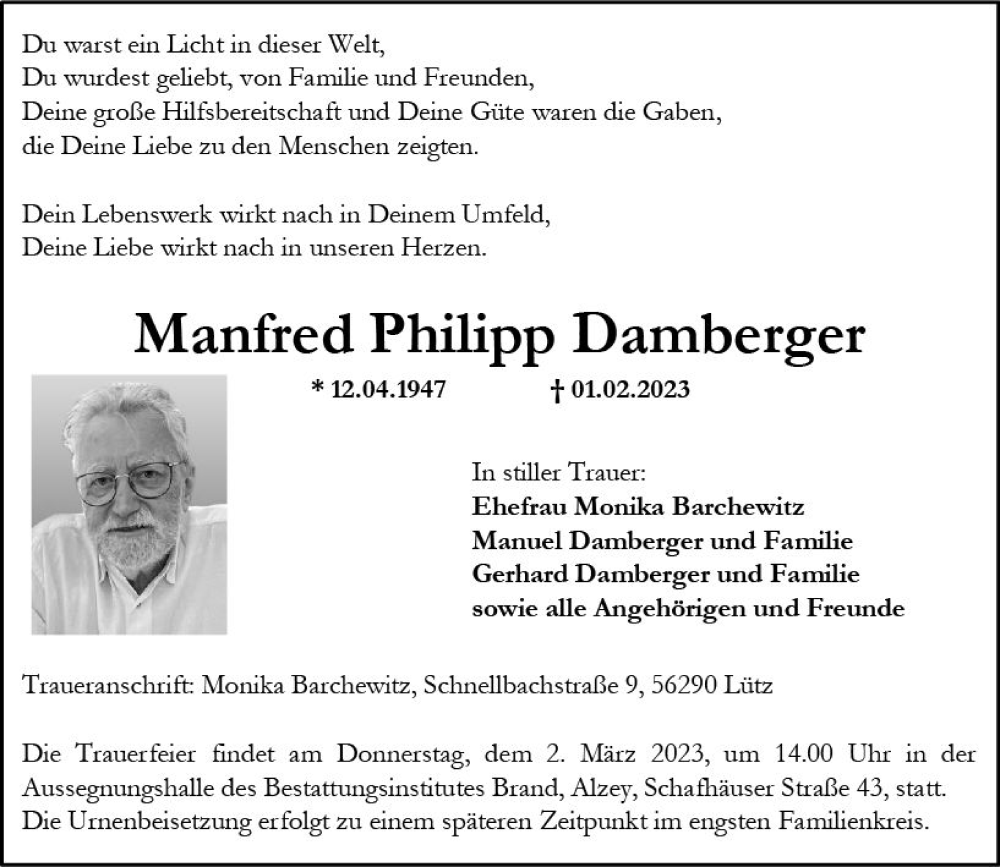  Traueranzeige für Manfred Philipp Damberger vom 25.02.2023 aus Allgemeine Zeitung Alzey