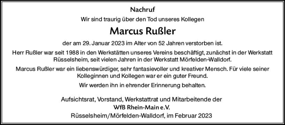  Traueranzeige für Marcus Rußler vom 04.02.2023 aus Rüsselsheimer Echo