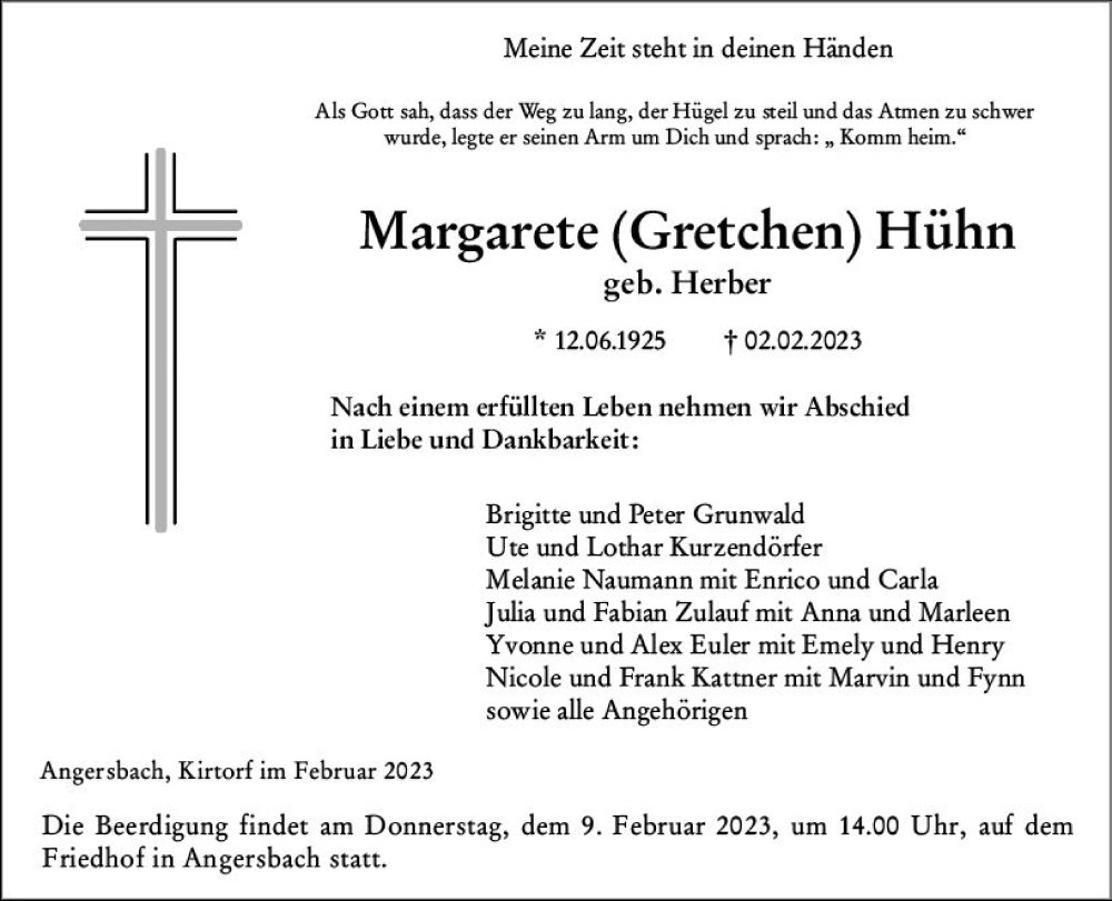  Traueranzeige für Margarete Hühn vom 06.02.2023 aus Lauterbacher Anzeiger