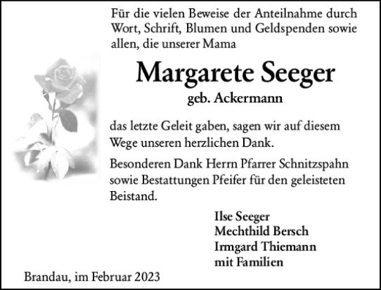 Traueranzeige von Margarete Seeger von Darmstädter Echo