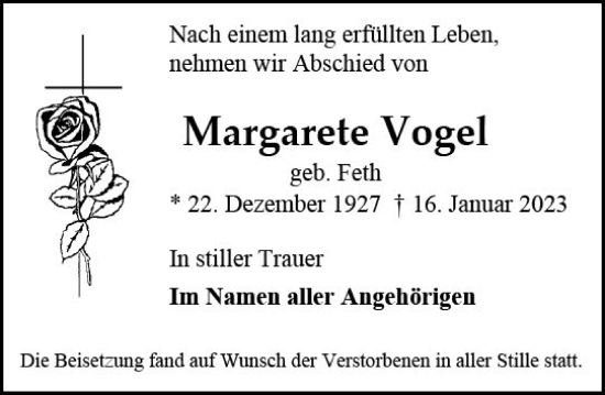 Traueranzeige von Margarete Vogel von Allgemeine Zeitung Mainz