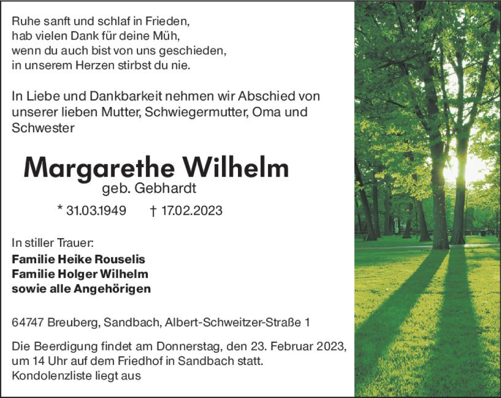  Traueranzeige für Margarethe Wilhelm vom 20.02.2023 aus Odenwälder Echo