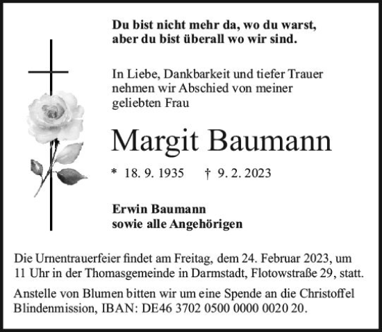 Traueranzeige von Margit Baumann von Darmstädter Echo