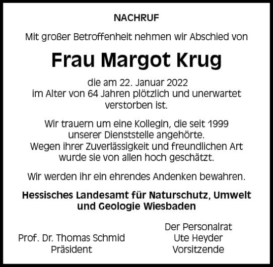 Traueranzeige von Margot Krug von Wiesbadener Kurier gesamt