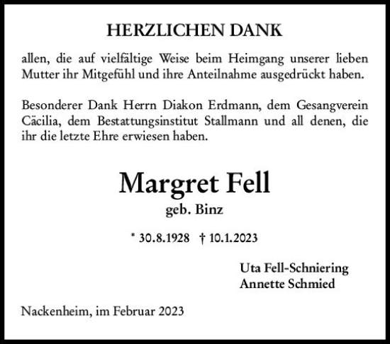 Traueranzeige von Margret Fell von Allgemeine Zeitung Mainz