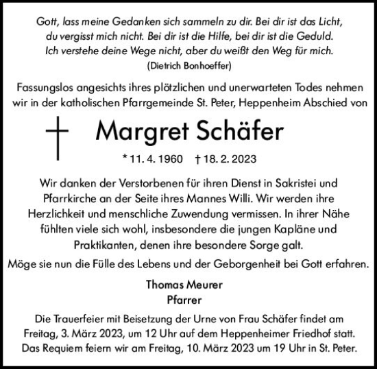 Traueranzeige von Margret Schäfer von Starkenburger Echo