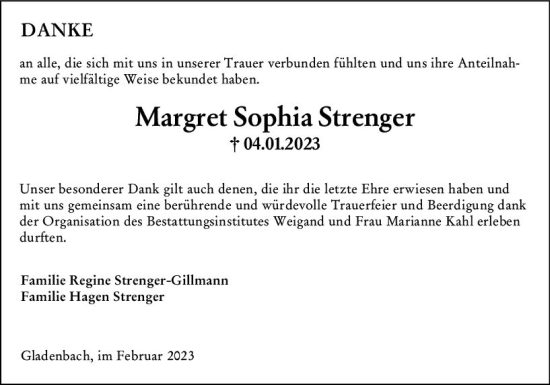 Traueranzeige von Margret Sophia Strenger von Hinterländer Anzeiger