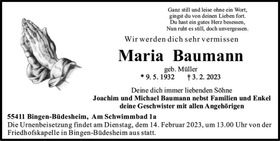 Traueranzeige von Maria Baumann von Allgemeine Zeitung Mainz