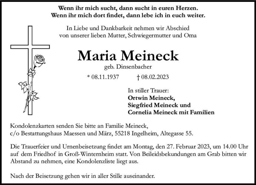  Traueranzeige für Maria Meineck vom 22.02.2023 aus Allgemeine Zeitung Bingen/Ingelheim