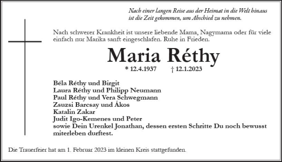 Traueranzeige von Maria Réthy von Wiesbadener Kurier gesamt