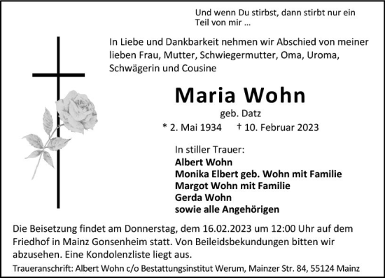 Traueranzeige von Maria Wohn von Allgemeine Zeitung Mainz
