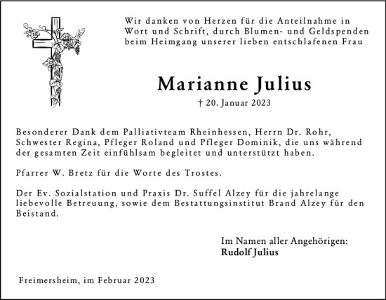 Traueranzeige von Marianne Julius von Allgemeine Zeitung Alzey