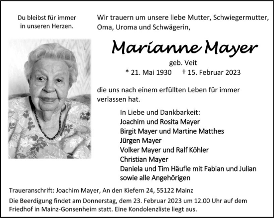 Traueranzeige von Marianne Mayer von Allgemeine Zeitung Mainz
