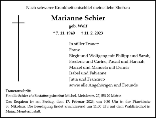Traueranzeige von Marianne Schier von Allgemeine Zeitung Mainz
