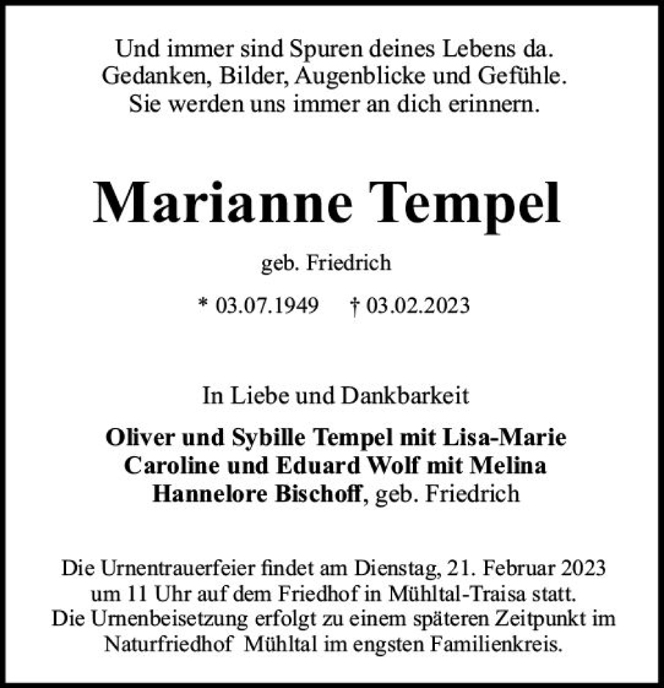  Traueranzeige für Marianne Tempel vom 11.02.2023 aus Darmstädter Echo