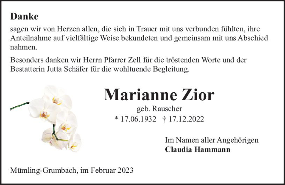  Traueranzeige für Marianne Zior vom 04.02.2023 aus Odenwälder Echo