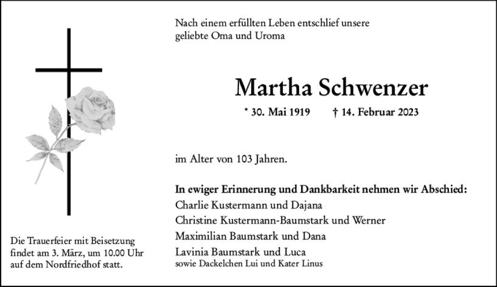 Traueranzeige für Martha Schwenzer vom 25.02.2023 aus Wiesbadener Kurier