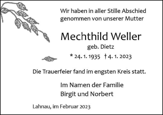Traueranzeige von Mechthild Weiler von Wetzlarer Neue Zeitung