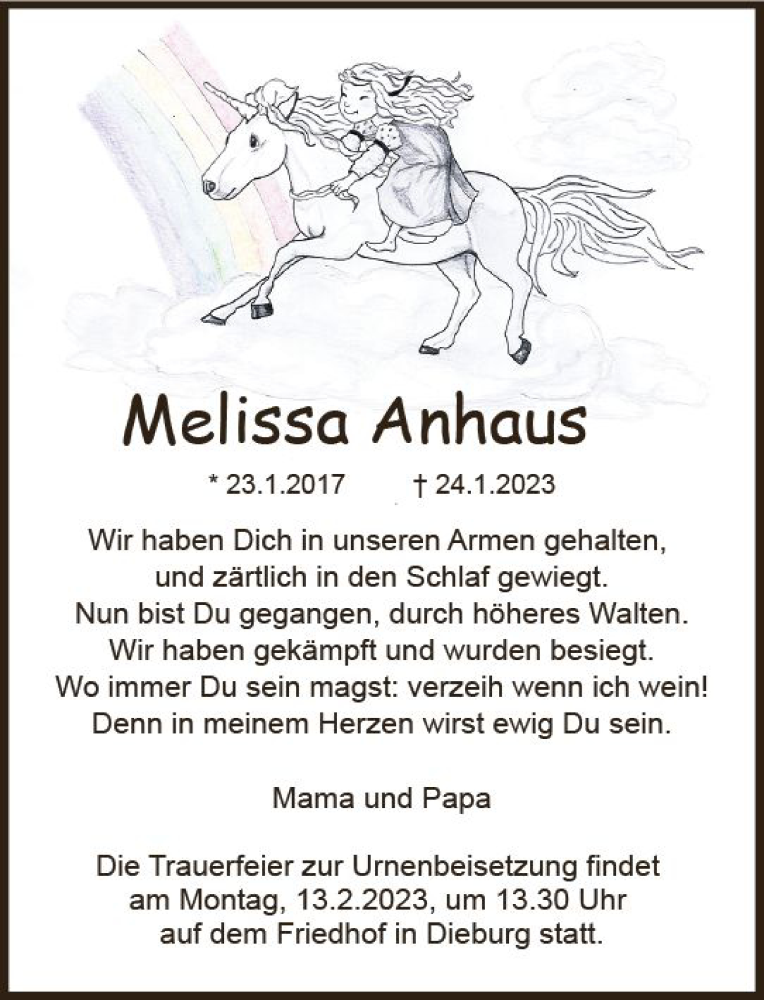 Traueranzeige für Melissa Anhaus vom 04.02.2023 aus DieburgerAnzeiger/Groß-Zimmerner Lokalanzeiger