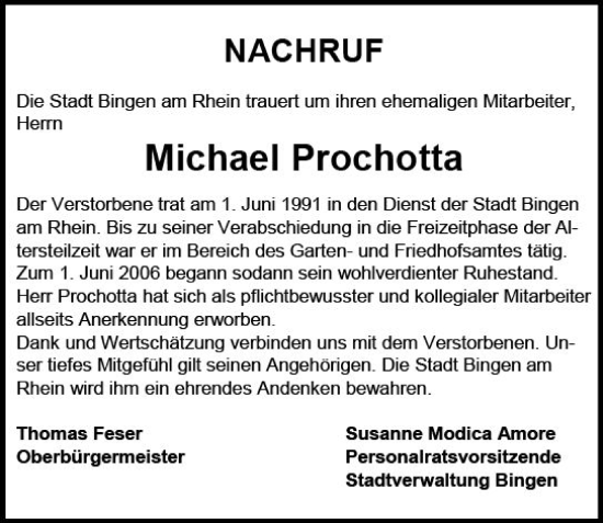 Traueranzeige von Michael Prochotta von Allgemeine Zeitung Bingen/Ingelheim