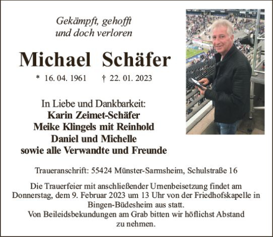 Traueranzeige von Michael Schäfer von Bingen/Ingelheim Wochenblatt inkl. NBZ