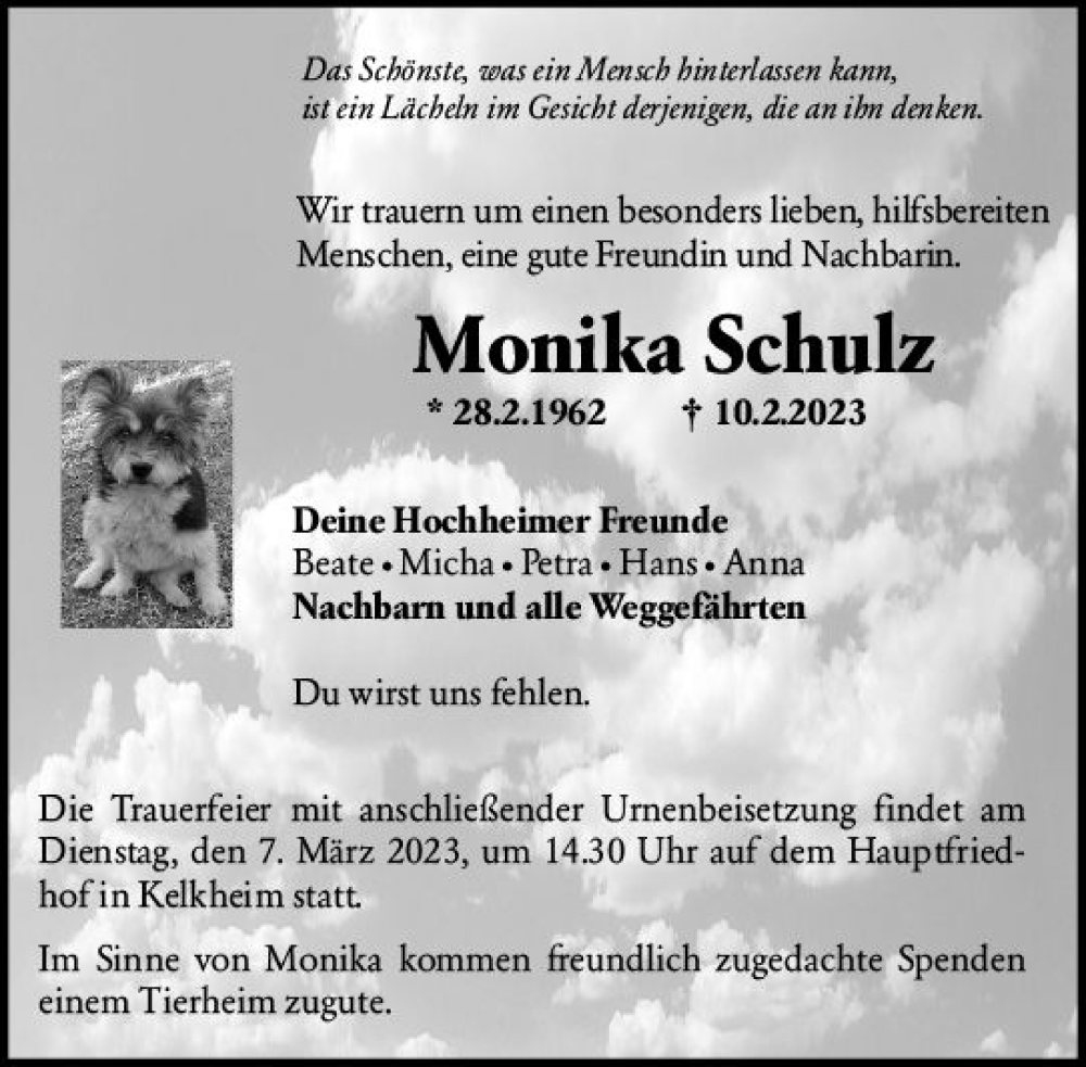  Traueranzeige für Monika Schulz vom 24.02.2023 aus Hochheimer Zeitung