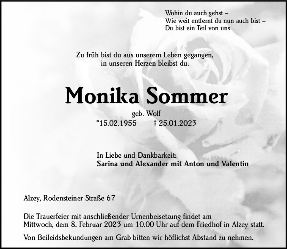  Traueranzeige für Monika Sommer vom 04.02.2023 aus Allgemeine Zeitung Alzey