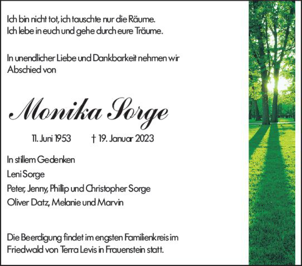  Traueranzeige für Monika Sorge vom 02.02.2023 aus Allgemeine Zeitung Mainz