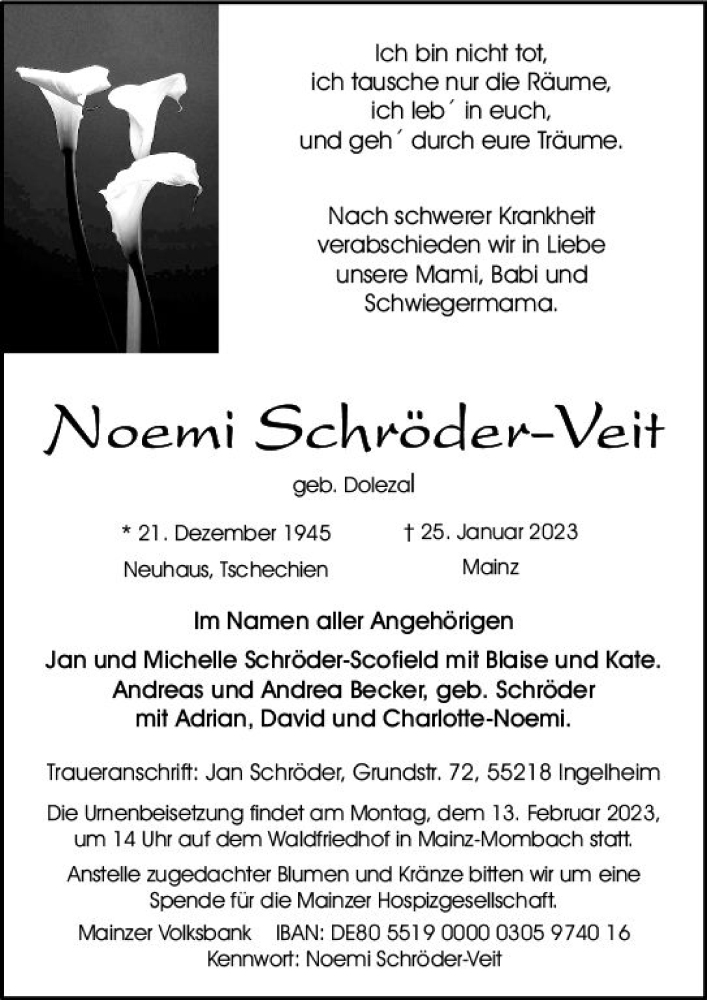  Traueranzeige für Noemi Schröder-Veit vom 04.02.2023 aus Allgemeine Zeitung Mainz