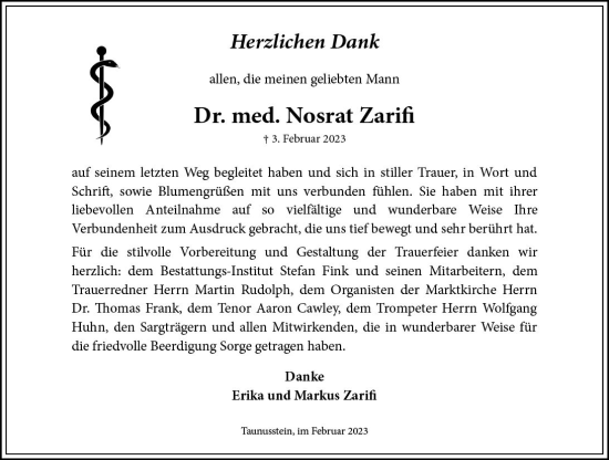 Traueranzeige von Nosrat Zarifi von Wiesbadener Kurier