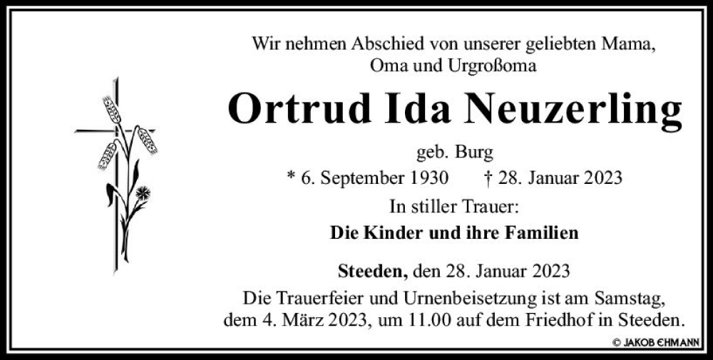  Traueranzeige für Ortrud Ida Neuzerling vom 25.02.2023 aus Nassauische Neue Presse