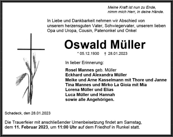 Traueranzeige von Oswald Müller von Weilburger Tageblatt