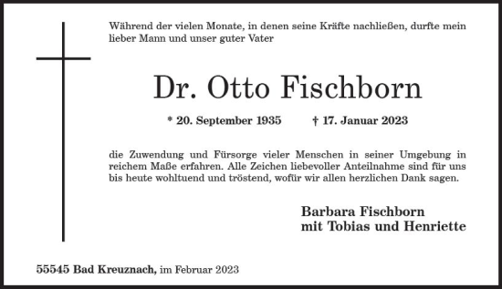 Traueranzeige von Otto Fischborn von Allgemeine Zeitung Bad Kreuznach